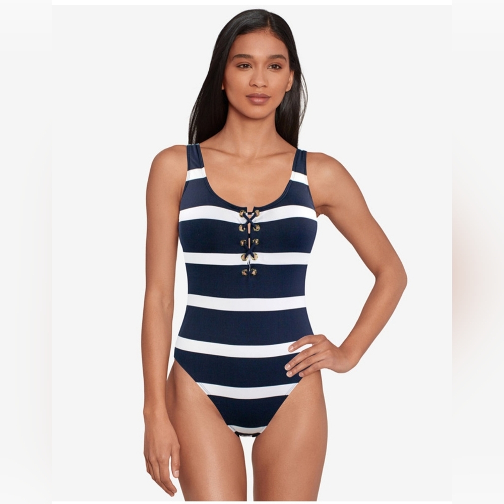 RALPH LAUREN WOMEN'S NAVY STRIPED SWIMSUIT SIZE 12 NWT